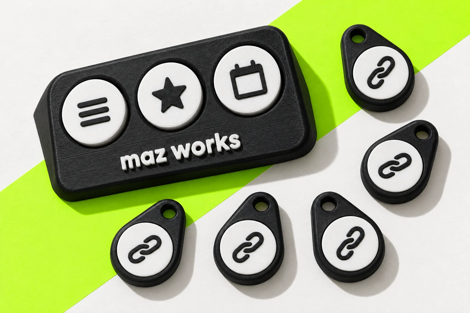 Concept render of one three-tap Touch stand and exactly five matching tap keyrings