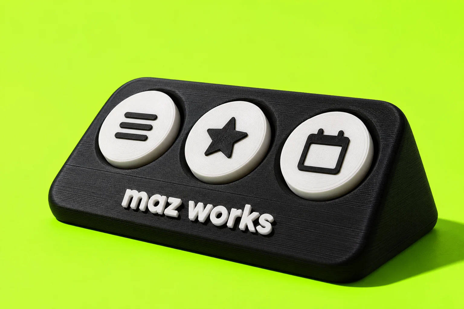 Concept render of a low rounded black stand holding three white tap discs for menu, reviews and bookings